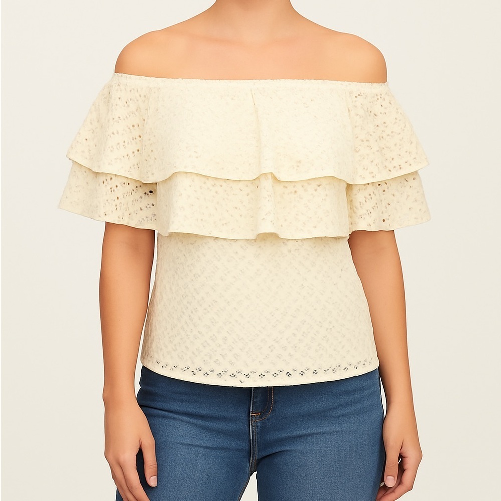 Banana Republic Off-Shoulder Ivory Eyelet Ruffle Top – Size Small